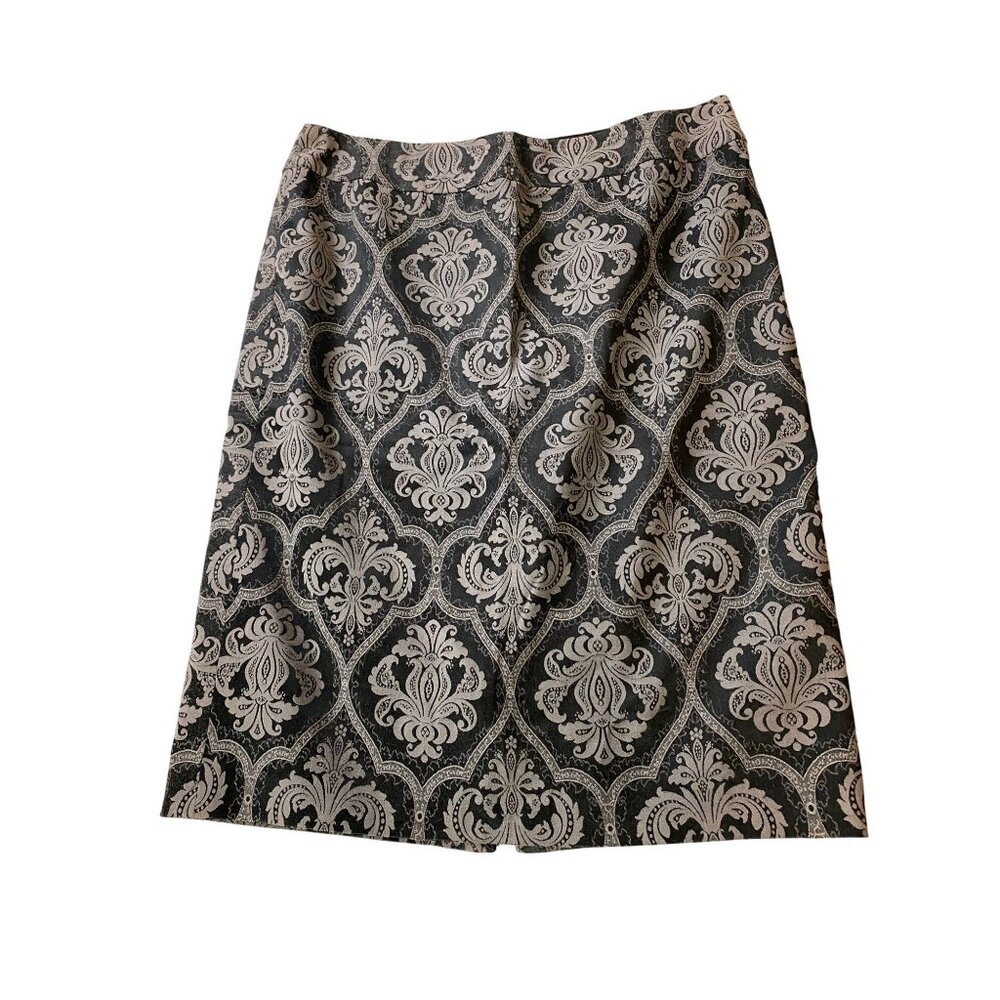 White House Black Market WHBM Brocade Pencil Skirt Black & Silver Size 6